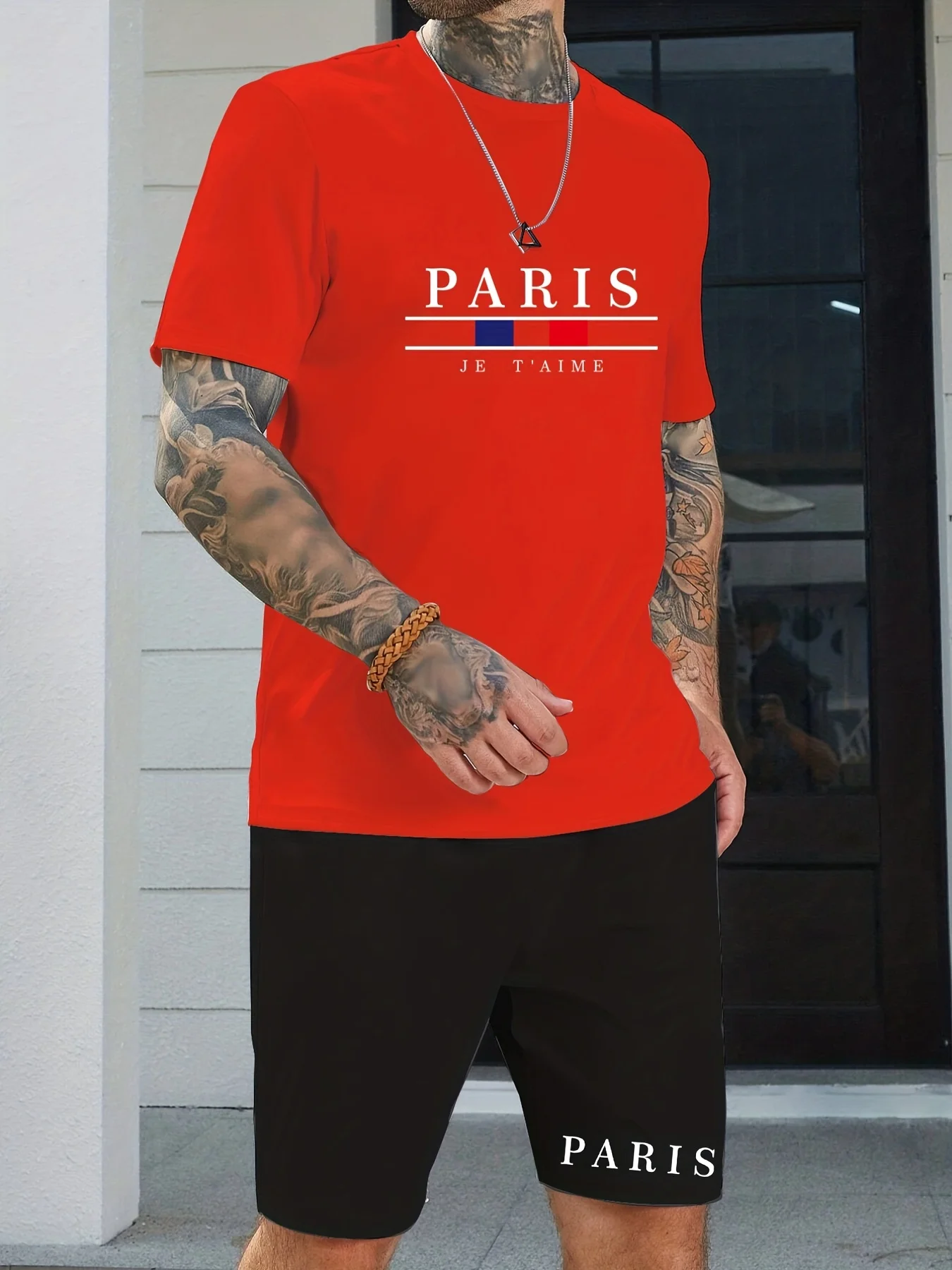2023 Plus Size Men's Trendy Paris Letters Print T-shirt Shorts Set, Casual Graphic 2PCS Outfits For Summer Sports