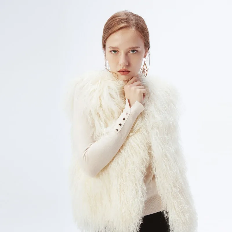 Women Mongolia Sheep Fur Sleeveless Coat Lady Solid Casual Fur Vest Female Fashion All-matching Fur Vest Real Sheep Fur Outwear