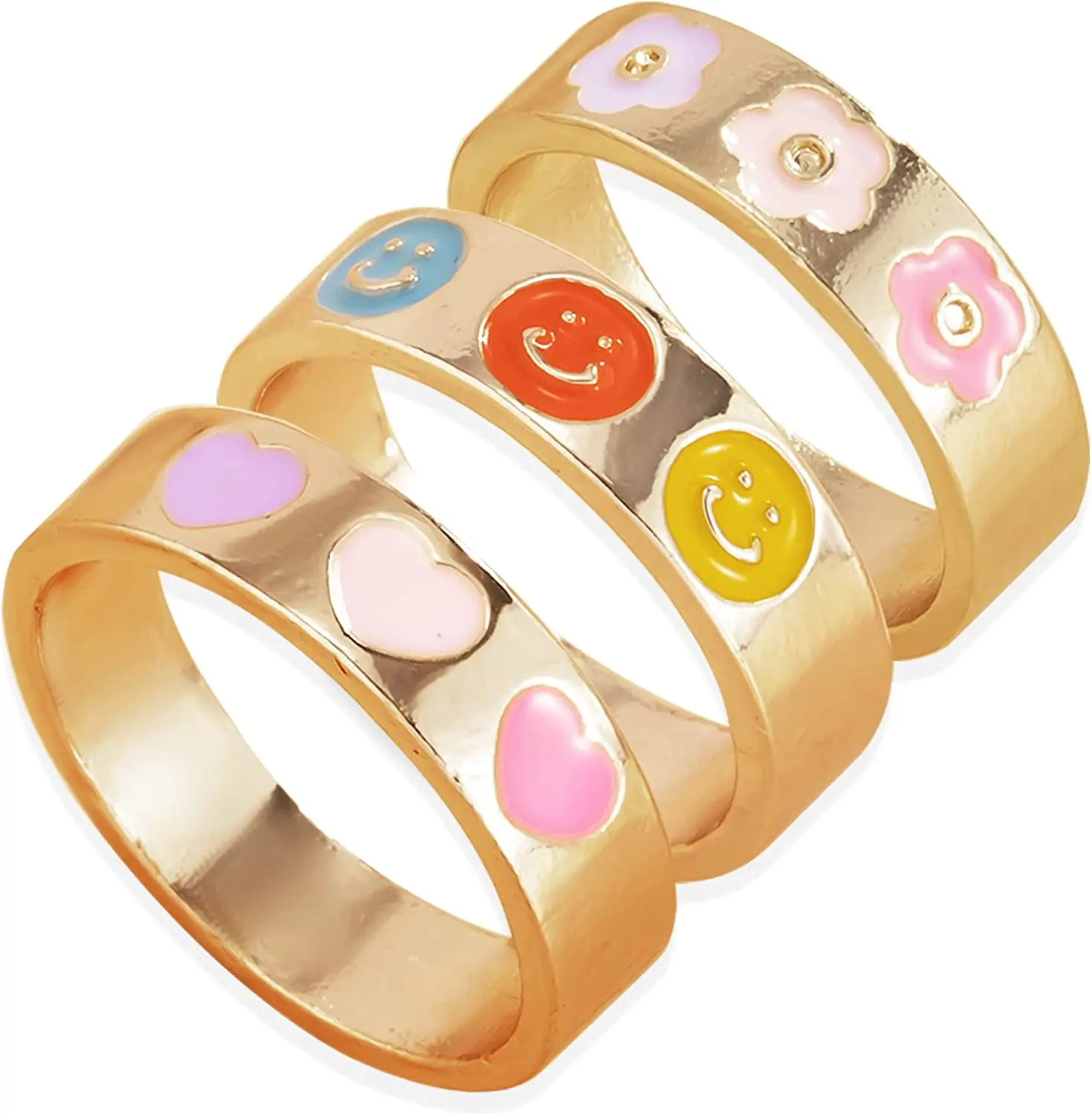 

3Pcs Preppy Rings aesthetic Colorful Enamel Ring for Women Cute Smile Flower Heart Ring Sets Trendy Preppy Jewelry Size 7