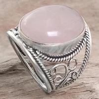 fashion hollow out antique silver color pink crystal quartz ring engraving geometric pattern for women men party jewelry