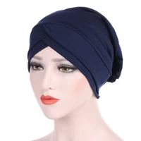 2021 high quality lycra full cover turban caps solid color double crisscrossed muslim hijab bonnet islam scarf plain headwrap