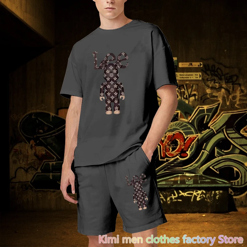 Summer tshirt set Bear printing men Short Outfits set Men Short Sleeve T-shirt Shorts Tracksuit Jogging suit Cotton 2 pieces set