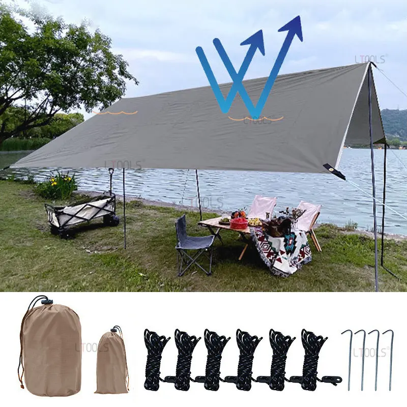 

300x300cm Waterproof Shade Sail Set with Windbreak Rope Nails Camping Ultra-light Tent Portable Simple Awning Outdoor Floor Mat