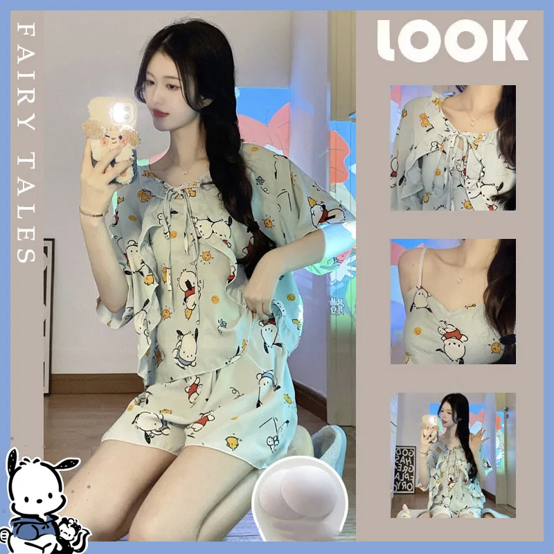 

Cartoon Sanrioed Pochacco Pajama Kuromi Summer Adult Suit Kawaii Cute Y2K Soft Pajamas Girls' Home Clothes Three-Piece Set