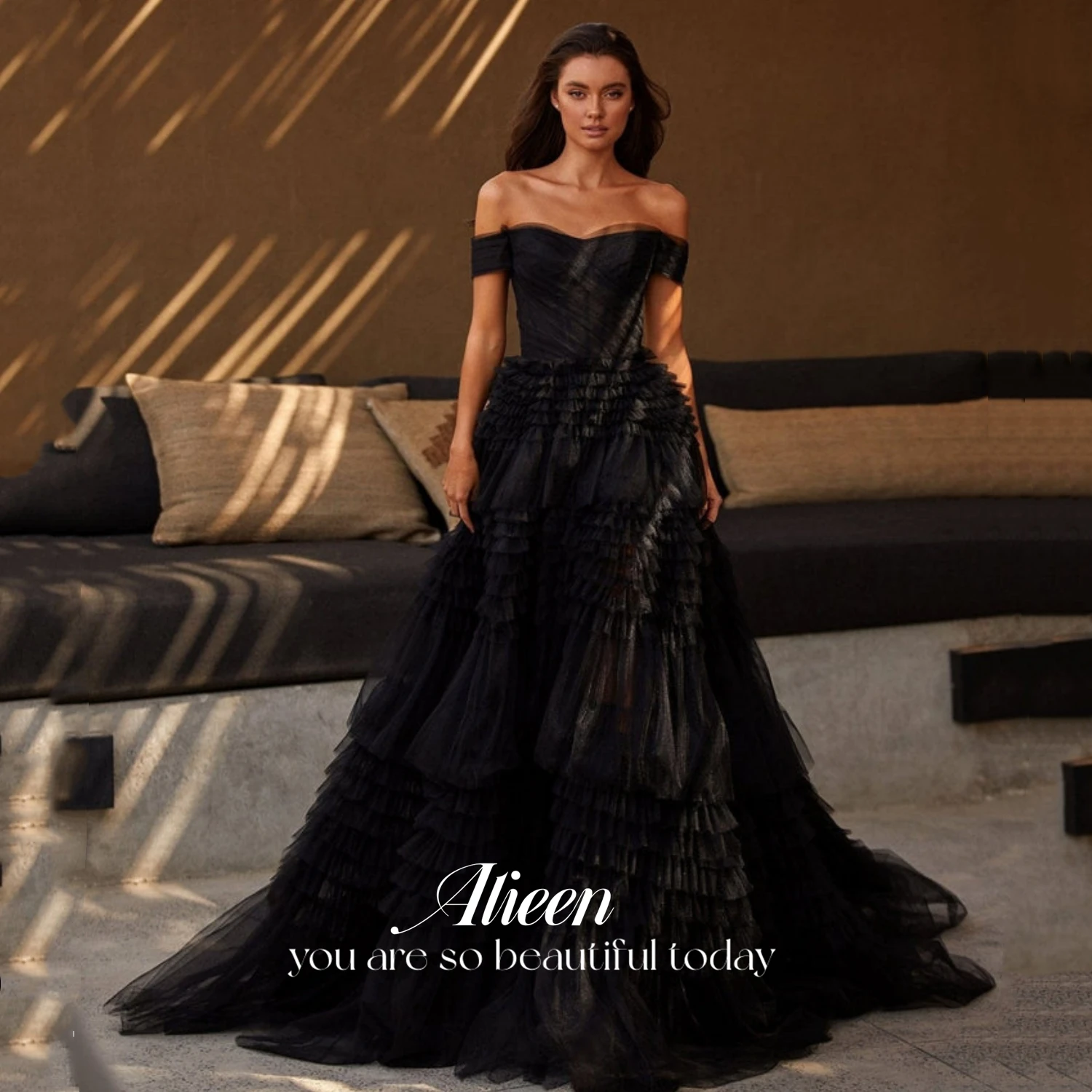 

Aileen Black Off the Shoulder Frill-Layered Prom Gown Formal Dress Tiered Tulle Elegant Party Dresses فساتين مناسبة رسمية 2023