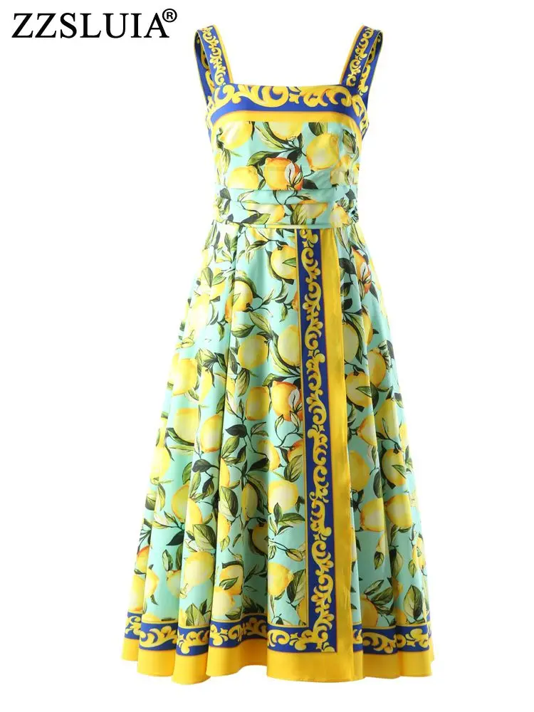 

ZZSLUIA Summer Dresses For Women Lemon Printed Folds Designer Slim Sling Dress Fashion Elegant Midi Dresses Female Clothing