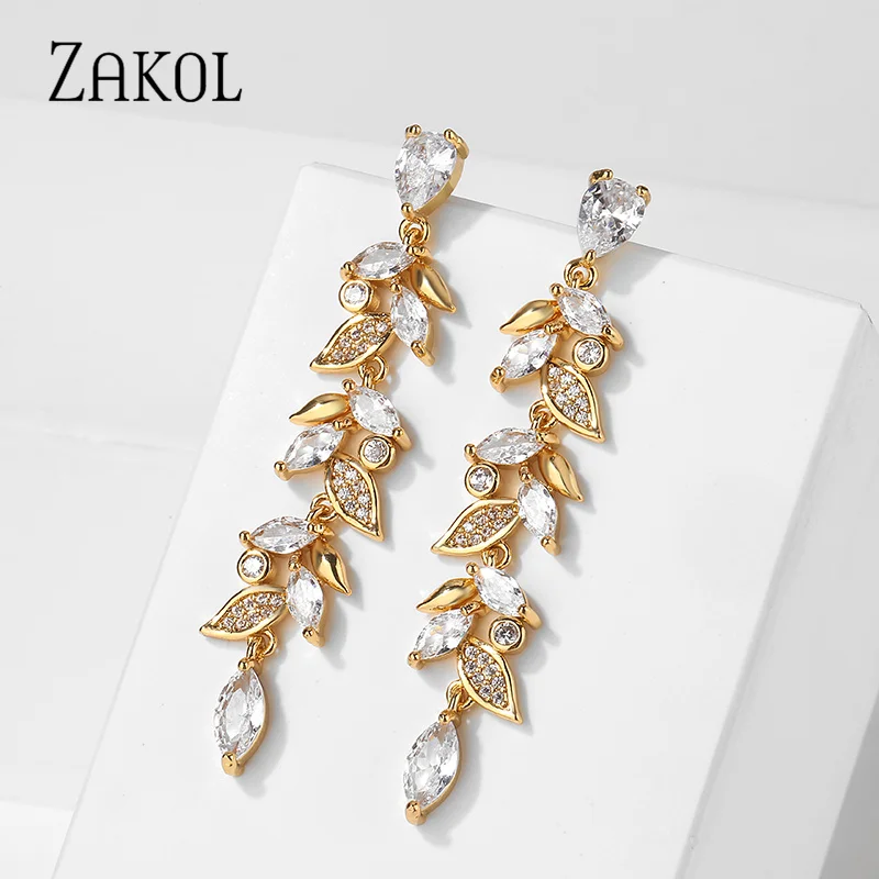

ZAKOL Exquisite Gold Color Leaf Drop Earrings for Women Tiny Cubic Zirconia Dangle Earring Elegant Korean Bridal Wedding Jewelry