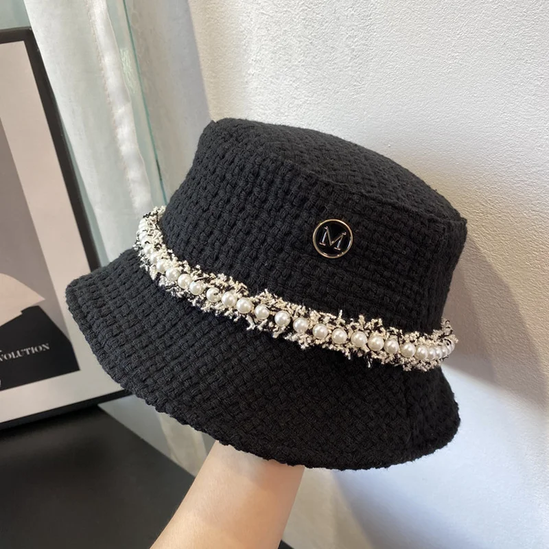 

MYALICE 2022 New Grid Pearl Beret Octagonal Hat Slim Fashion Hat Women Winter And Autumn Hat for Lady Black Woolen Basin Cap