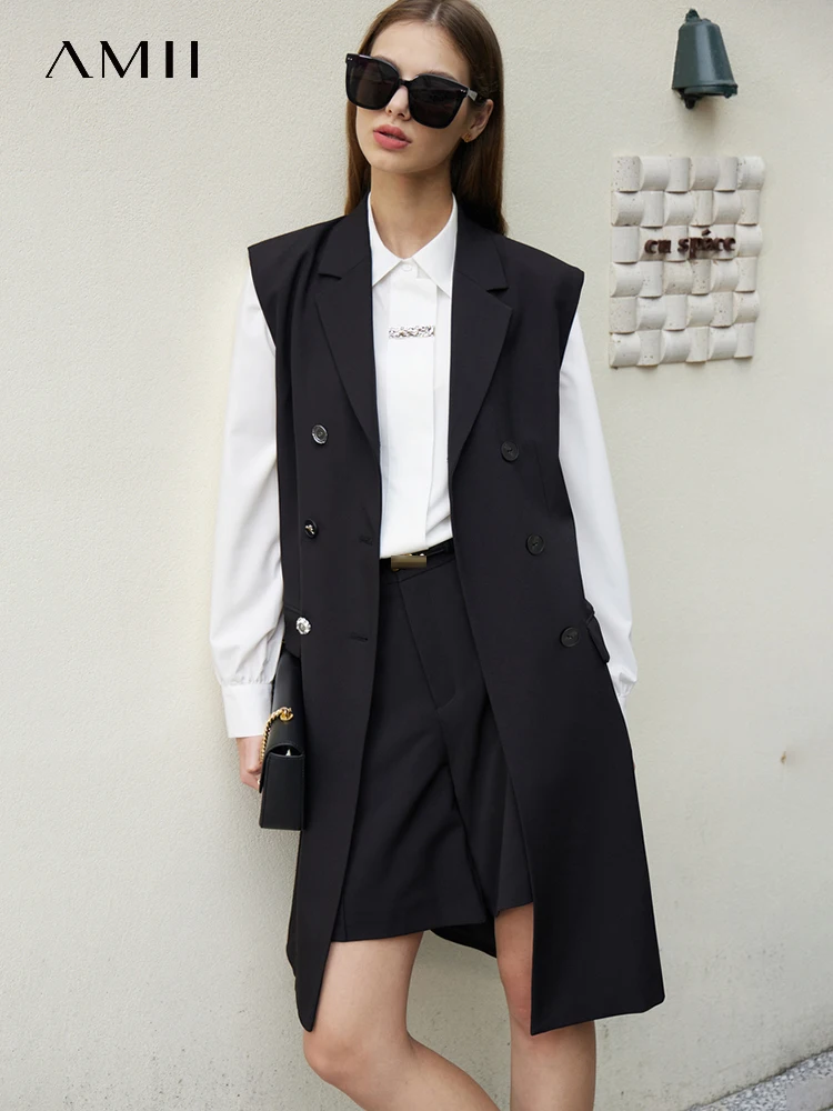 AMII Minimalist Vest Women 2023 Spring New Commuter Fashion Versatile Double-breasted Capable Vintage Office Lady Coats 72341027