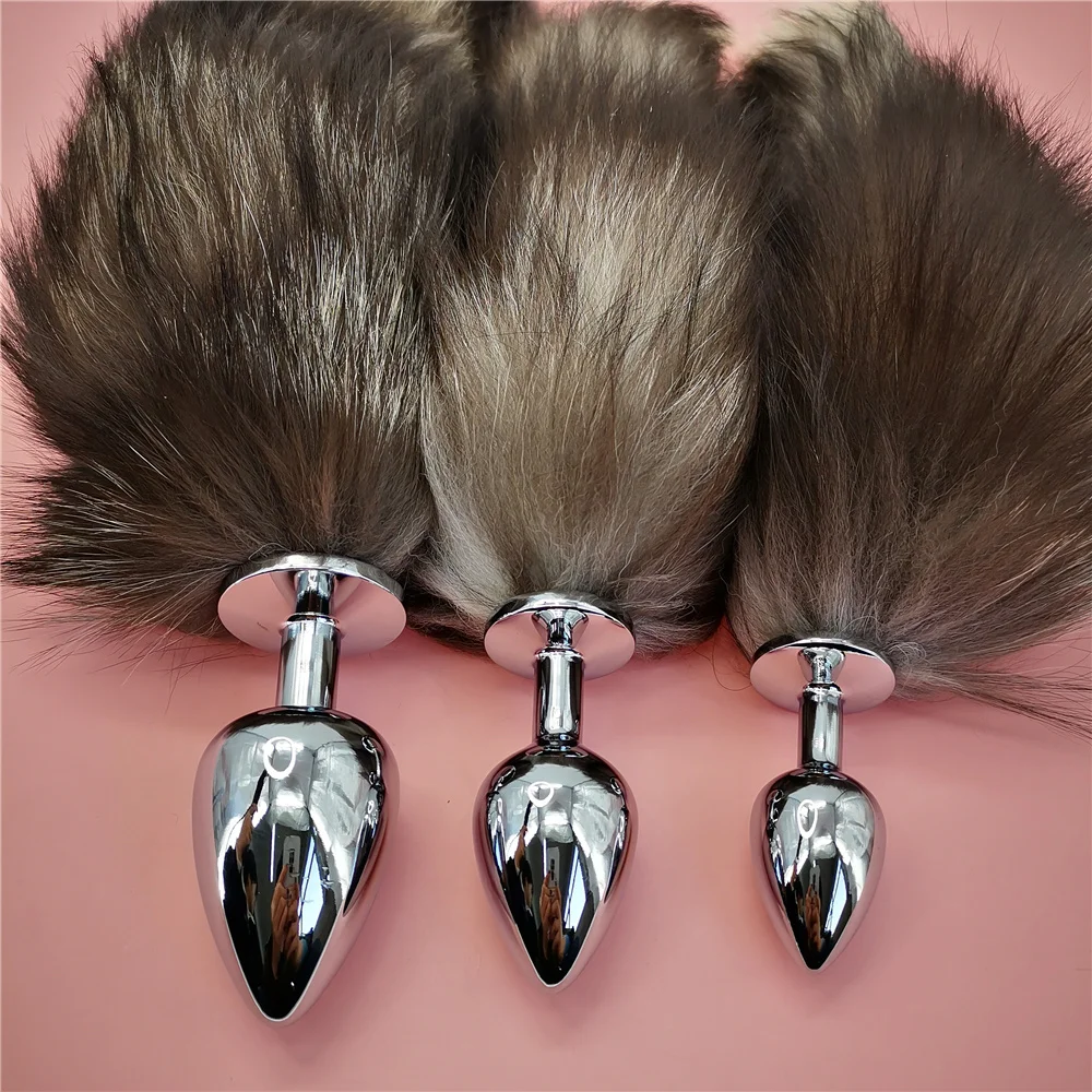 Анальная пробка со съемным натуральным лисьим хвостом металлическая