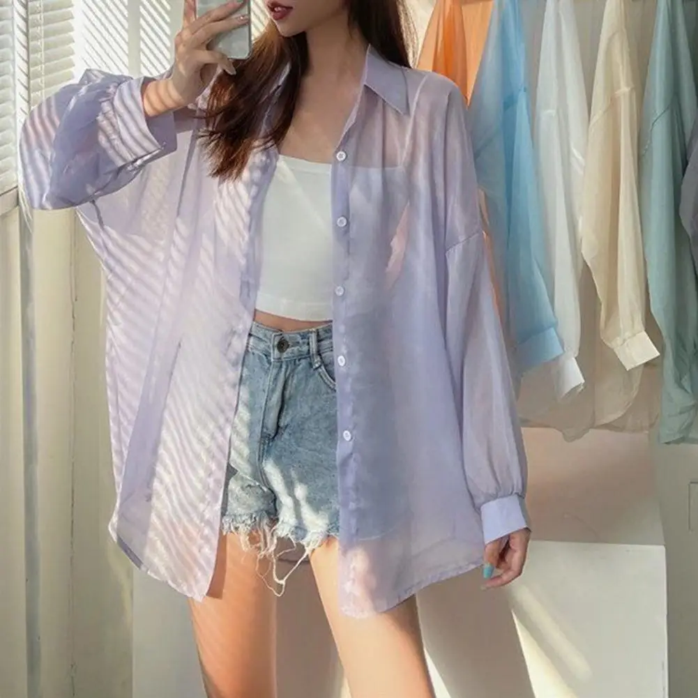 

Women Long Sleeved Shirt Lady Sunscreen Coat Female Casual Loose Shirts Thin Transparent Blouses 2023 Summer Beach Clothing