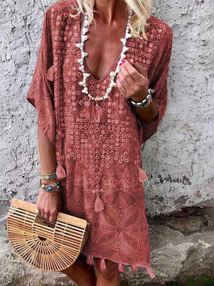 

New 2022 Summer Loose Boho Fringe Midi Dress Fashion Sexy V-Neck Pattern Party Dresses Women Short Sleeve Tassel Printed Dress