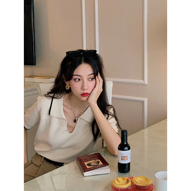 

New Summer Women Girls French Style Round Neck Retro Solid Color Design Short Sleeve Beach Sunscreen Sports Outdoor Knit Tops
