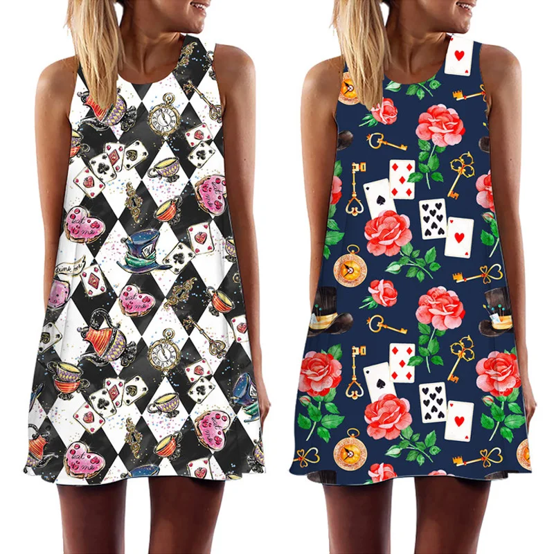 

Summer Women's Vest Dress Poker Print O-Neck Sleeveless Party Beach Mini Dress Casual Loose Sweet A-Line Beach Sundress Vestidos