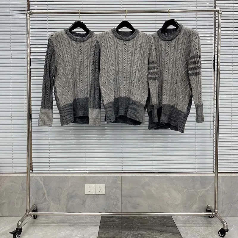 TB THOM Knitted Sweater Grey Patchwork Sleeve 4-Bar Striped Design Men Pullover Harajuku Ladies V-neck Slim Streetwear