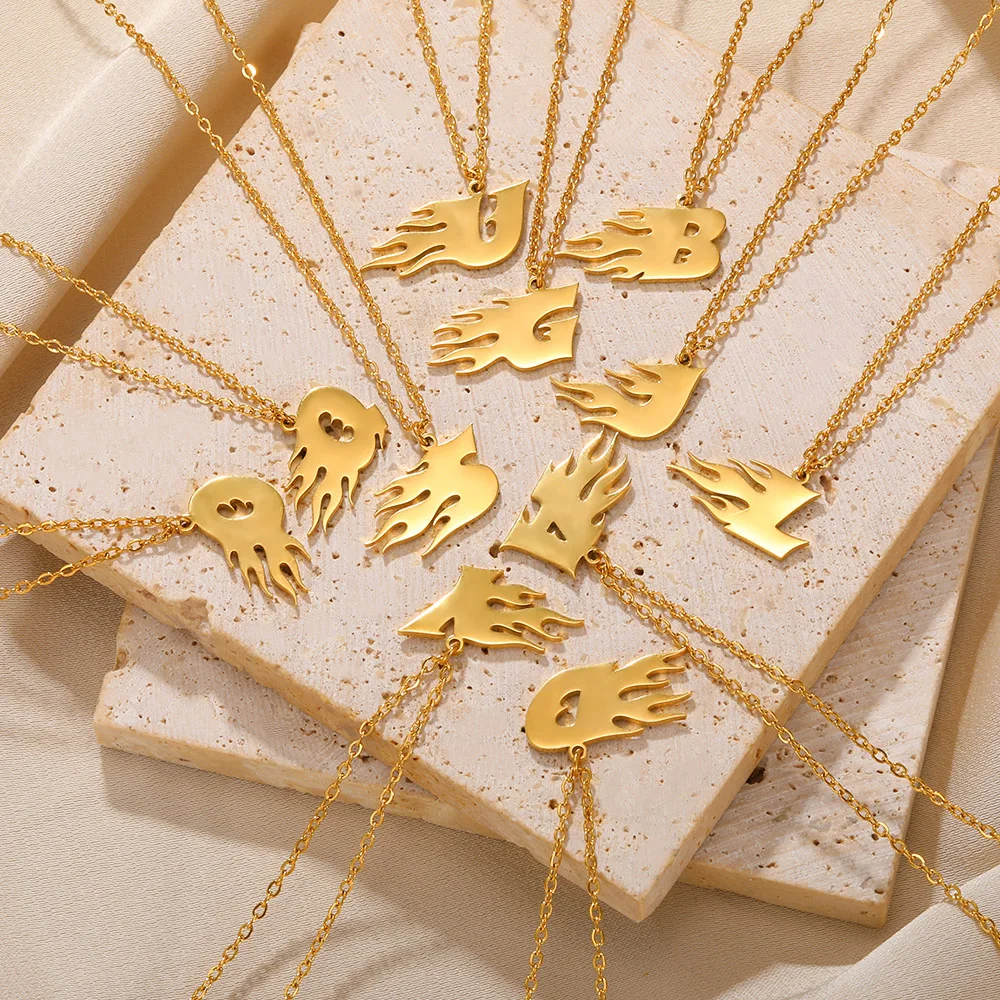 

Initial Stainless Steel Necklace Gold Color Flame Letter Pendant Amulet Fashion Jewelry Accessories For Women Men Gift