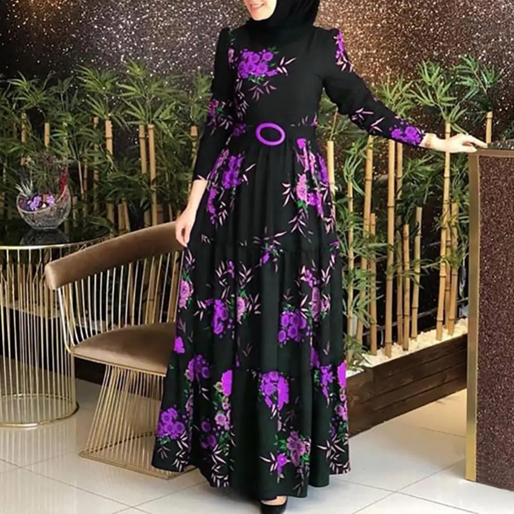 "Женское платье с длинным рукавом 2020 мусульманская абайя этнический цветочный принт пояс Макси Кафтан халат женская одежда"