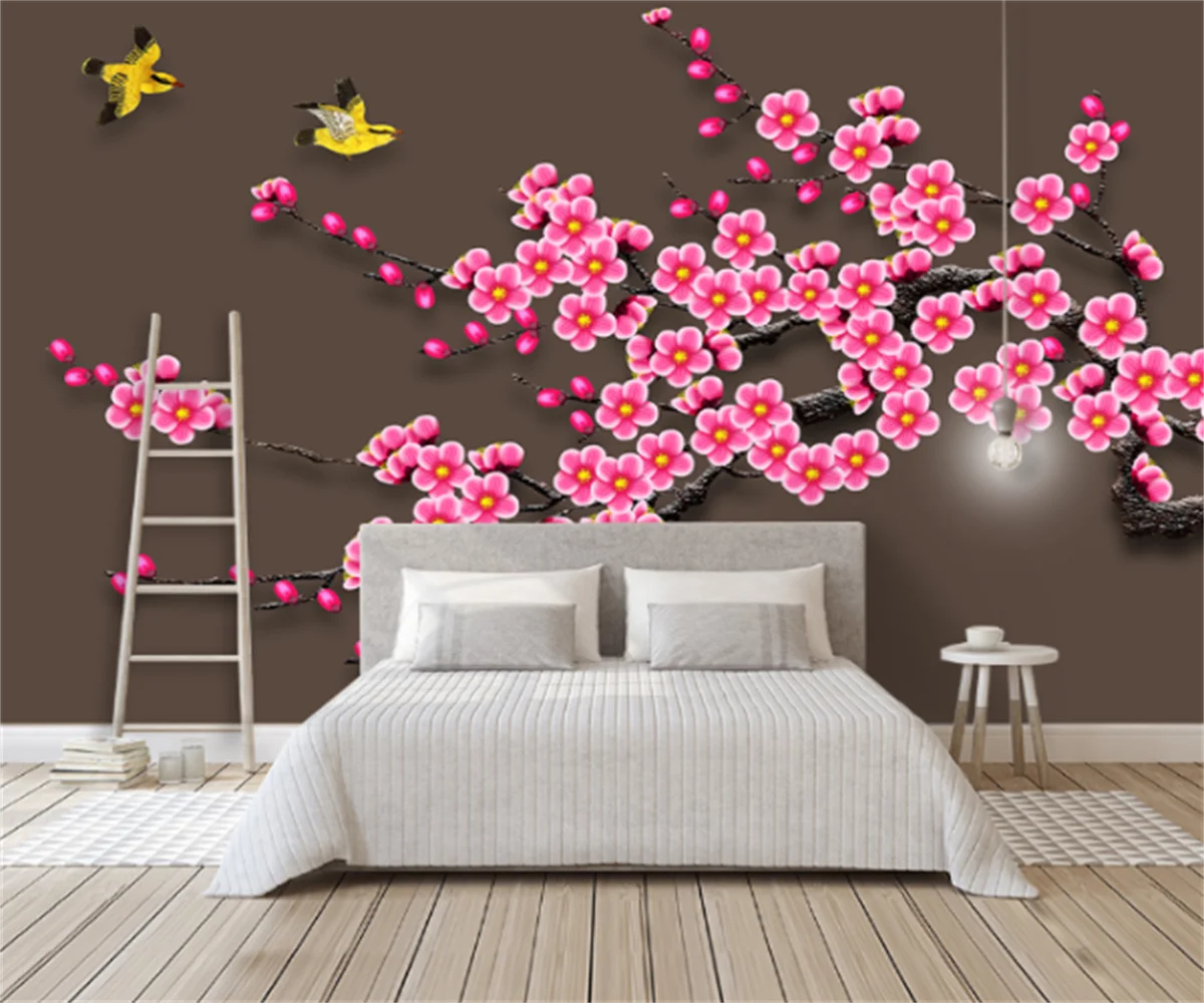 

Customized 3D arbitrary size wallpaper murals new Chinese style birds and flowers plum blossom home decoration background wall