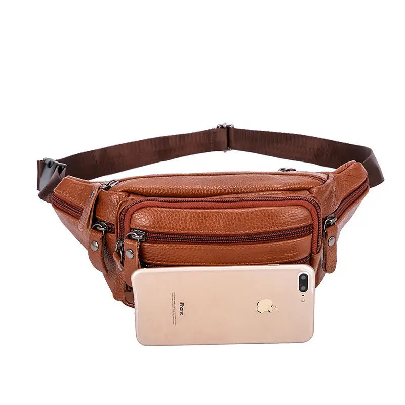 Real Genuine Leather Men's Waist Bag Belt Bag Male Zipper Fanny Pack for Site Workers Travel Phone Bag Large Capacity Waterproof