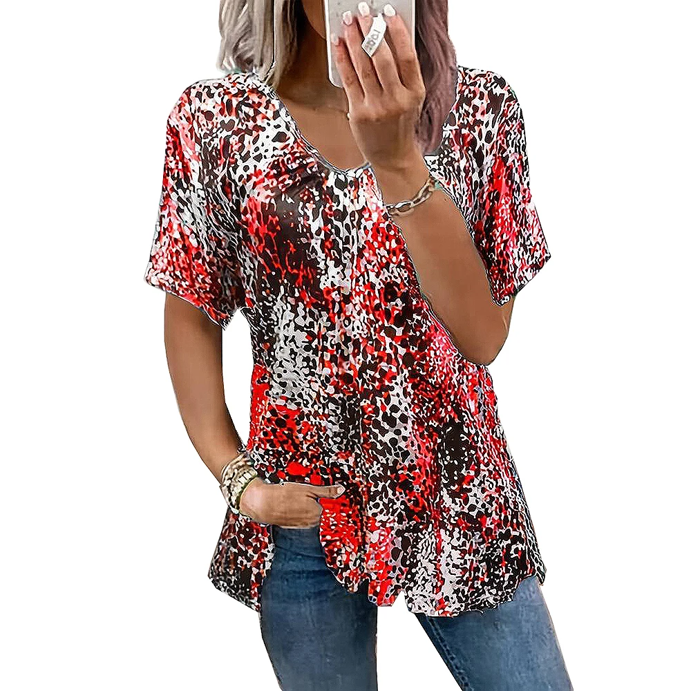 

Fashion Leopard Pattern Casual T-shirt Women's 2023 Summer Pleated V-neck Short Sleeve Casual Digital Printing Top