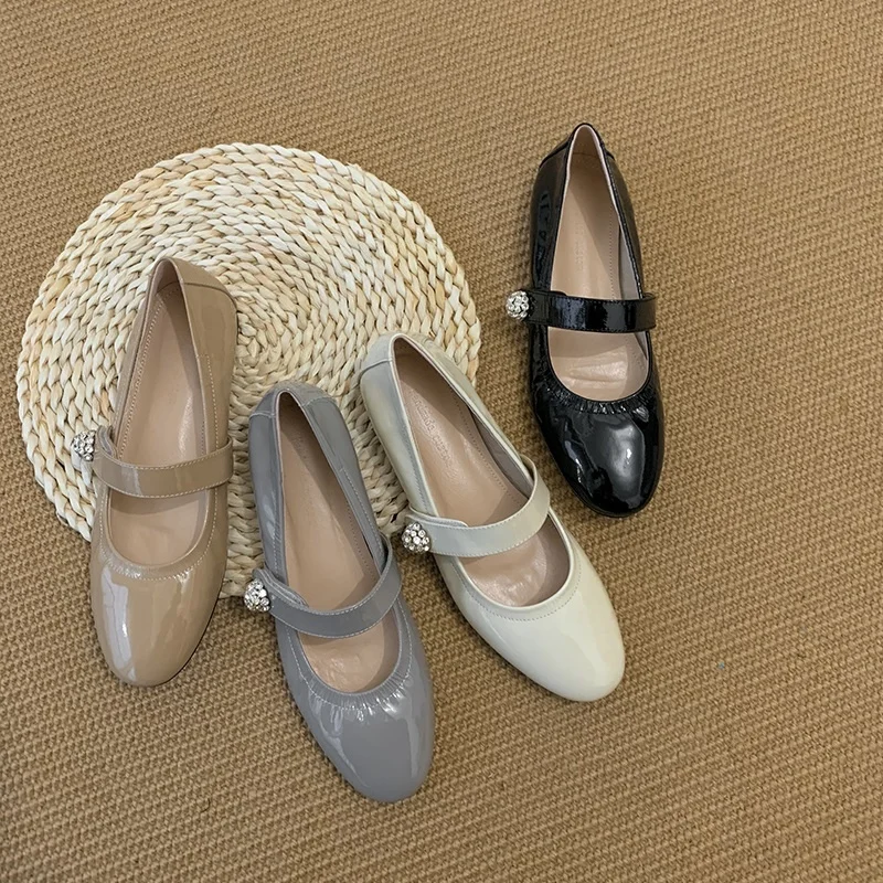 

Cow Woment Flats Leather Mary Janes Women Simple Shoes Girls Soft Footwear Buckle Strap Low Heel 1 CM TPR Bottom