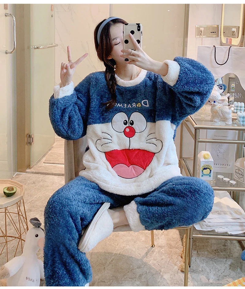 Women's Winter Warm Thin Pajama Suit Length To The Shank Polyester Comfortable Colorful Cut Cartoon Leisure Wear With No Hat