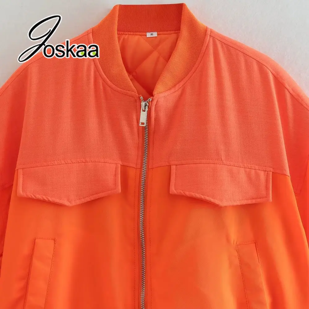 Joskaa Women Fashion With Pockets Loose Cropped Padded Jacket Coat Vintage Long Sleeve Zipper-up Female Outerwear Chic Tops