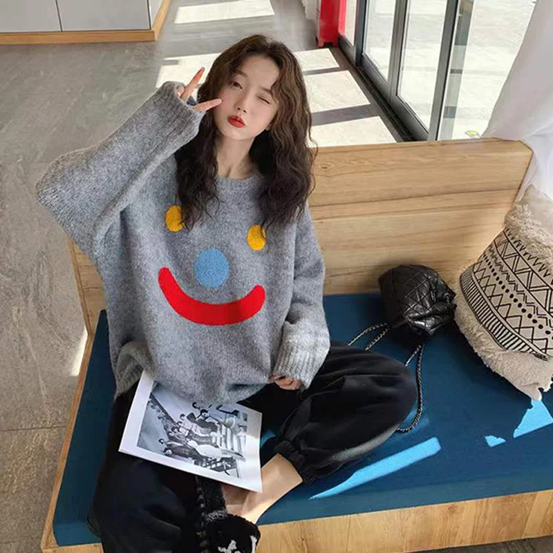 

Korean Design Women Loose Sweater Smile Snowmen Winter Pullover Cardigan Oversized Men Top Couple Wear Knitted