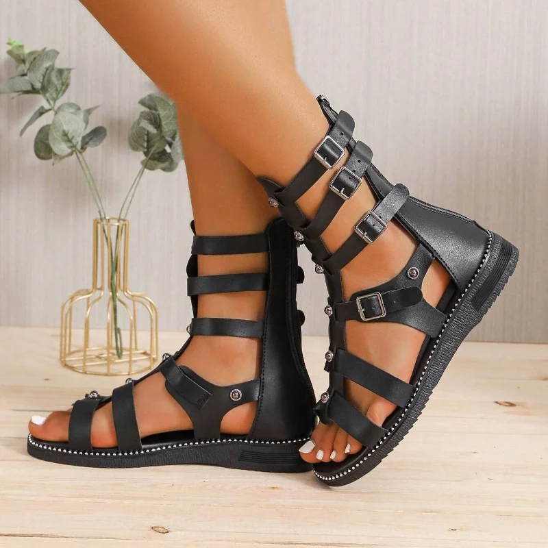 Women's Fashion Black Buckle Studded Decor Sandals Casual Retro Gladiator Zipper Back Flats Sandals Summer Hollow High top Shoes