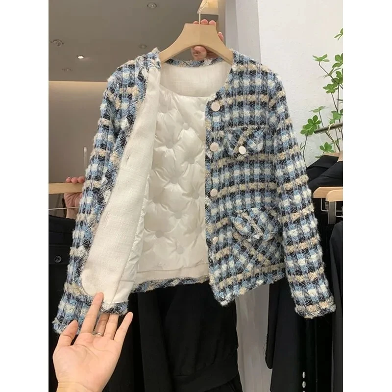 

Winter Thickened New Liner White Duck Down Wool Plaid Fragrant Suit Jacket Women's Mid-Length Lady Blazers