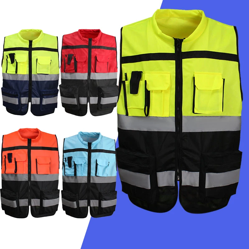 

High Visibility Safety Reflective Vest Pocket Design Reflective Vest Outdoor Traffic Safety Cycling Wear