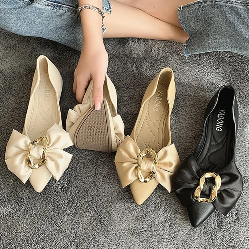

Women Flat Heel Shoes Big Silk Bowknot Pointed Toe Lady Flats Casual Sweet Soft Sole Solid Color Moccasins J127