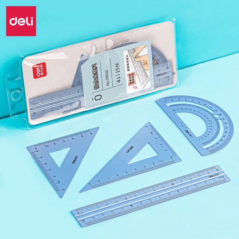 

4 in 1 Deli Fizz Metal Ruler Stationery Set Aluminum Alloy Multifunctional Combination Ruler Triangle Protractor for Drawing