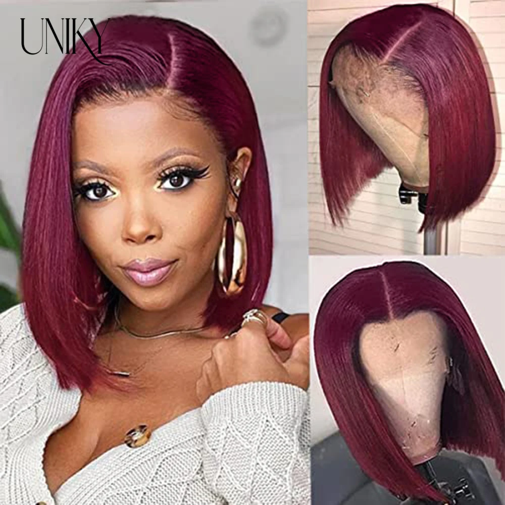 Straight Short Bob Human Hair Wig For Women Blunt Cut Bone Straight Lace Frontal Wigs Burgundy 99J Lace Front Bob Wig Straight