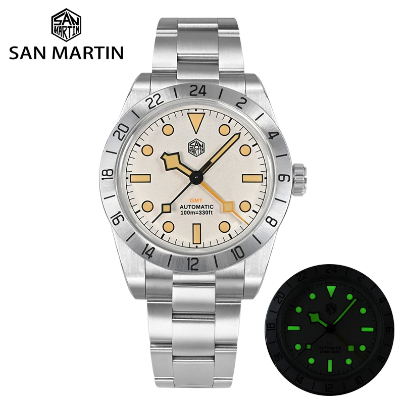

San Martin 39mm BB GMT Vintage Diver Luxury Men Watch Sapphire Glass Steel Bezel Automatic Mechanical Wristwatches Green Lume
