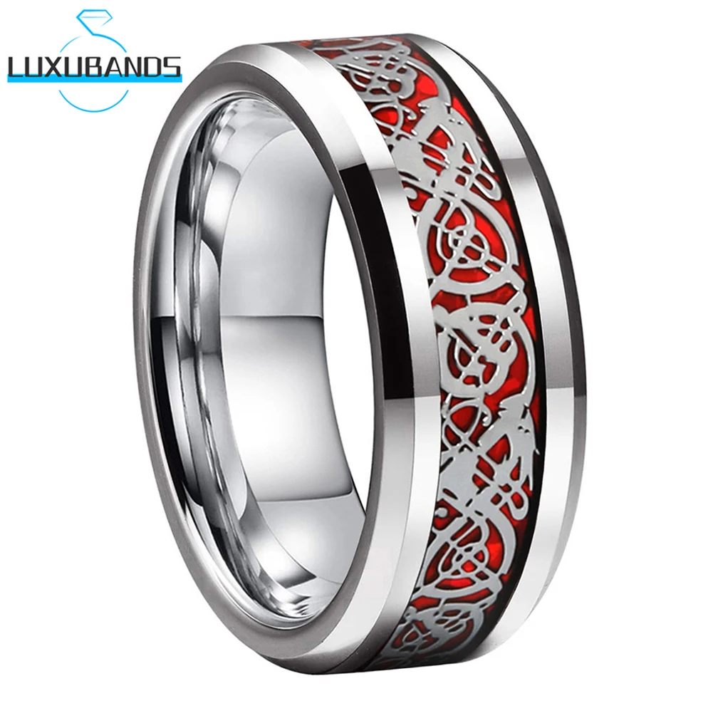 

Black Men Women's Tungsten Carbide Wedding Ring Beveled Edges 6mm 8mm Dragon Red Opal Inlay Polished Finish Fashion Comfort Fit