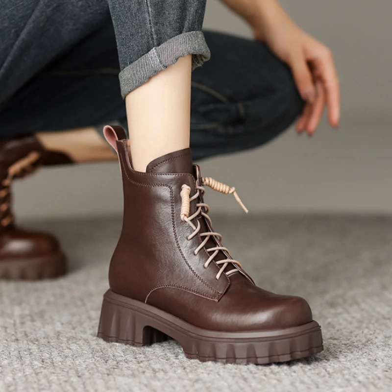

Women Leather Snow Boots Winter Brown Wedge Heel Ankle Boots Punk Women Lace Round Head Women Winter Boots 2022