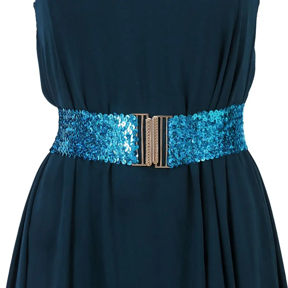 Женский эластичный пояс с золотистой пряжкой и блестками