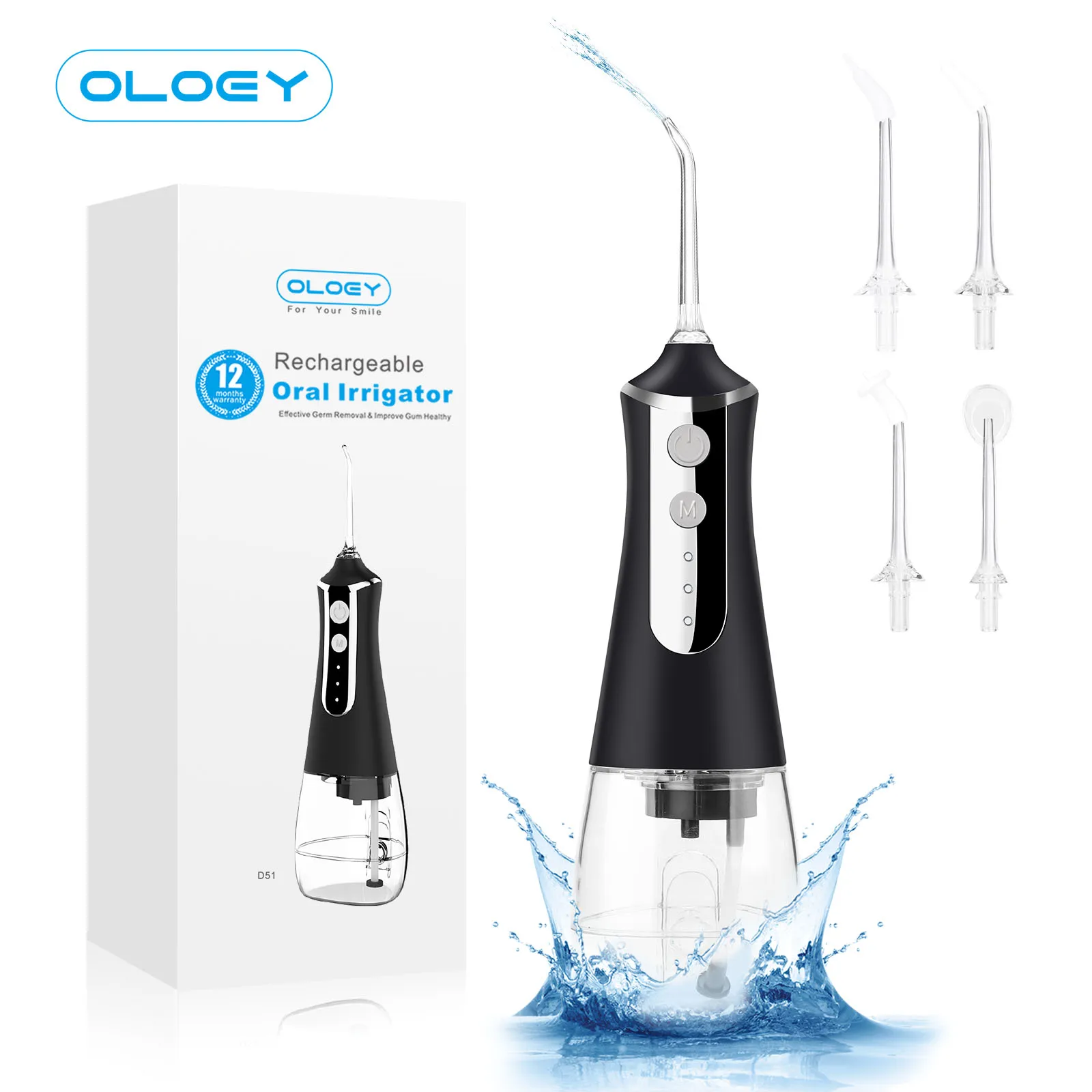 OLOEY Portable Oral Irrigator 3 Modes Water Flosser USB Rechargeable 5 Nozzles Dental Water Jet 300ml Water Tank IPX7 Waterproof