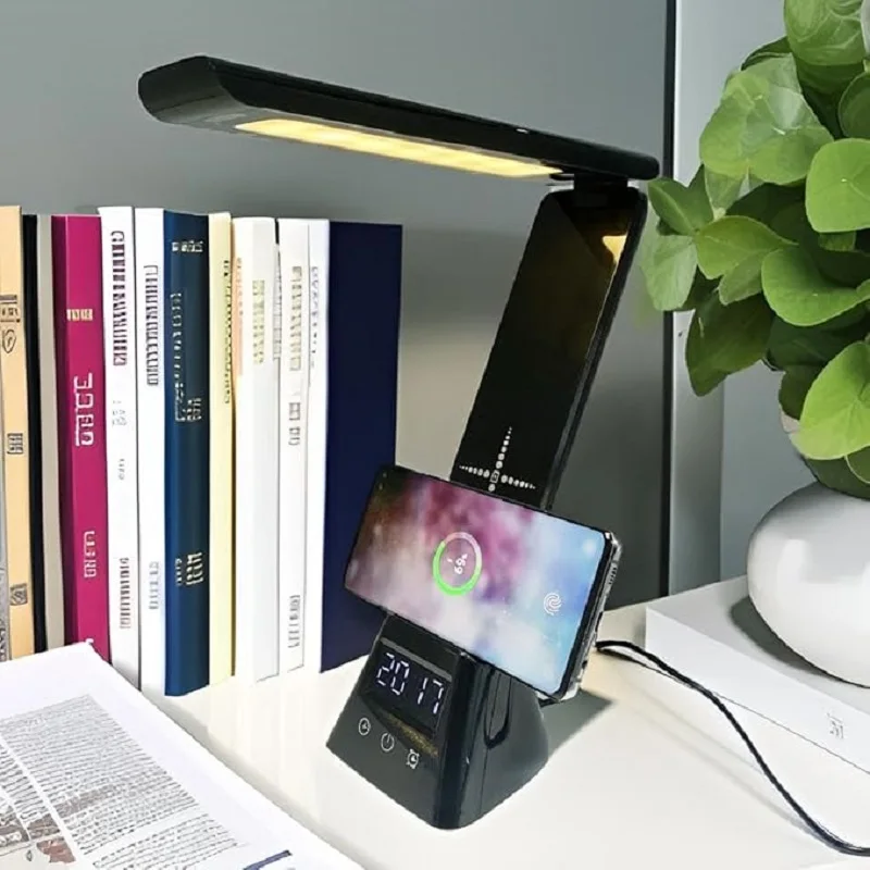 Фото Черные USB светодиодные настольные лампы для умного офиса с беспроводной зарядкой и будильником №3