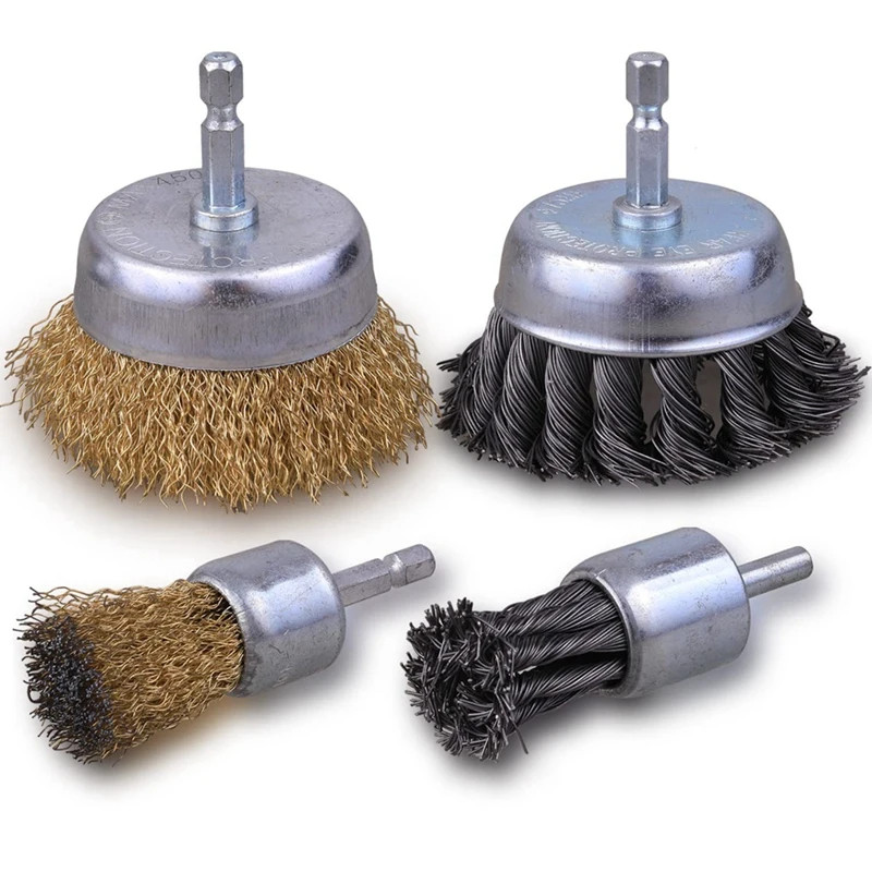 

3 Inch Knotted Wire Cup Brush Set 4 PCS, Wire Brush For Drill With 1/4Inch Hex Shank, Drill Wire Brush Attachment