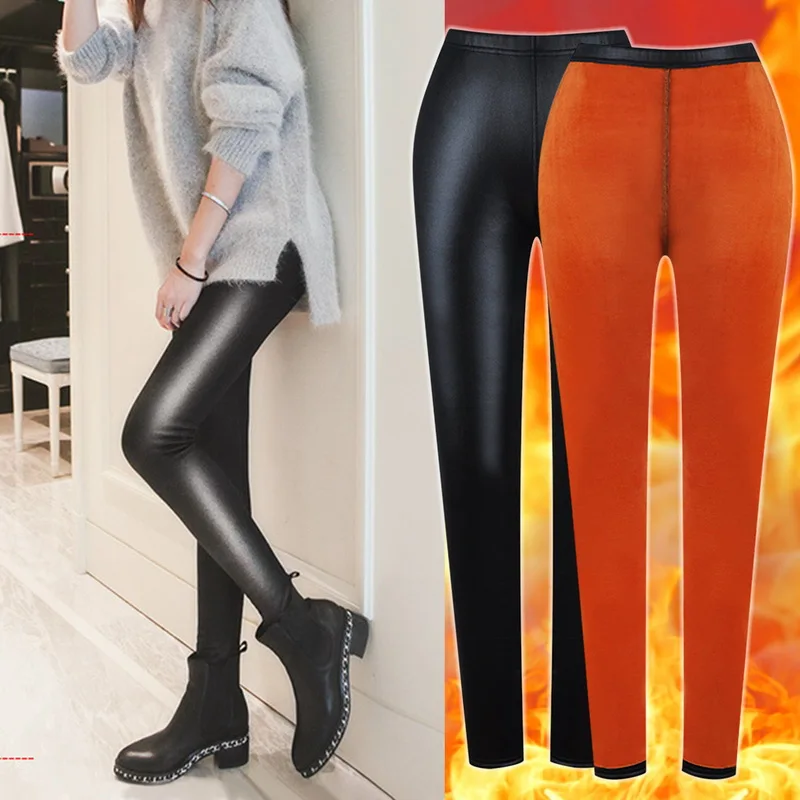 

Lined Jeggings Women High Winter Stretchy Pu Pantalones Leggings Fleece Warm Tights Thermal Black Leather Pants Waist Trousers