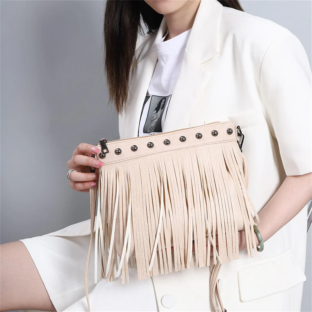 Vintage PU Leather Crossbody Bags Women Luxury Designer Rivet Tassels Shoulder Bag Fashion Versatile Ladies Handbags Domil105