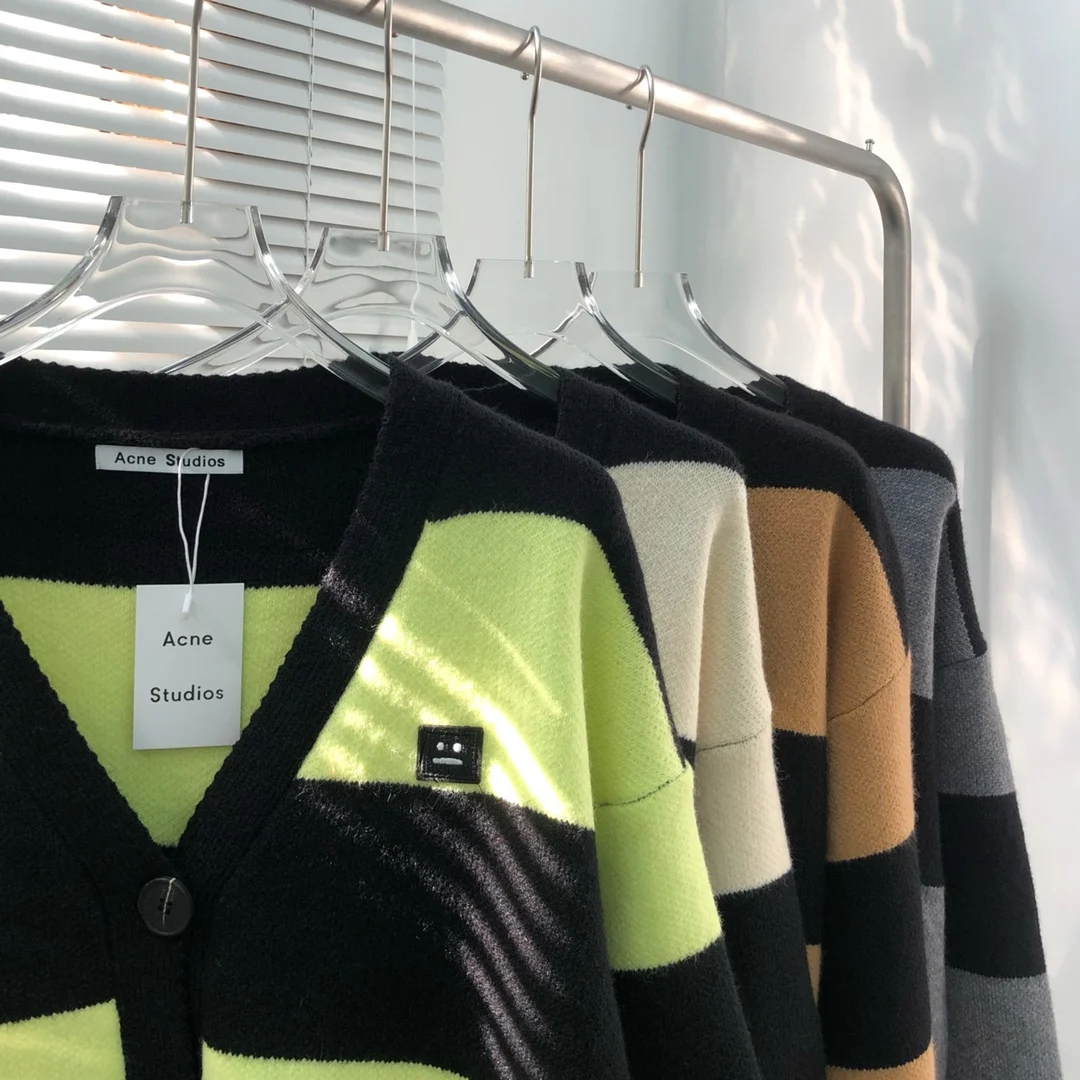 Acne studios Cardigan sweater jacket autumn winter high quality smiley face embroidery stripe knit for men and women