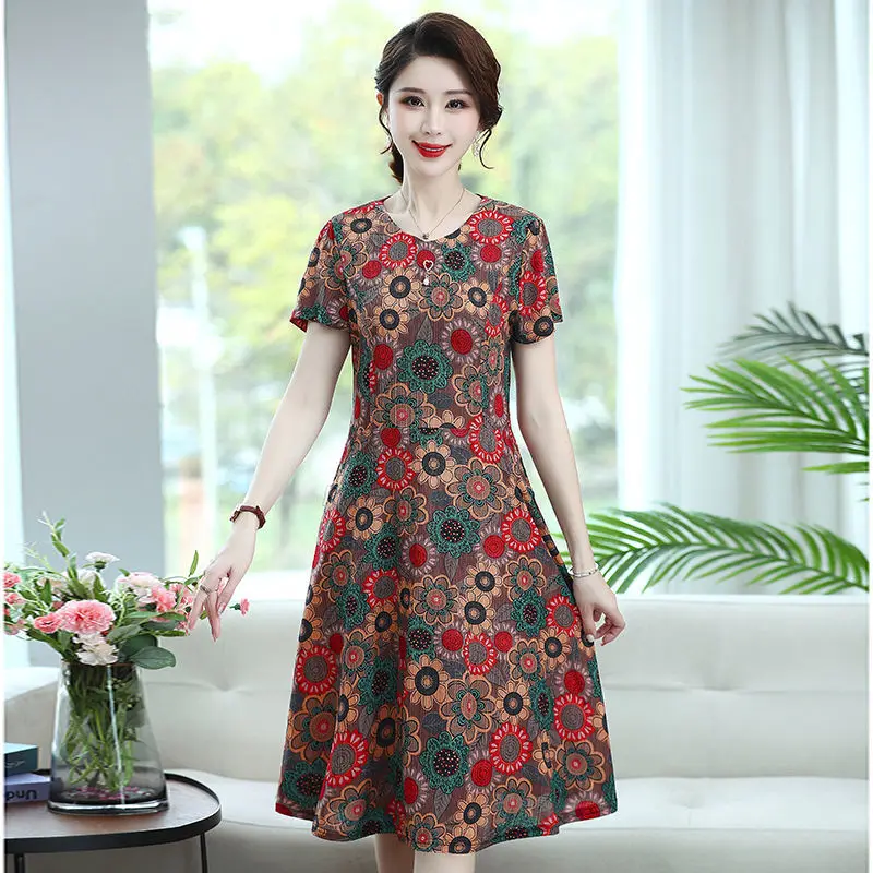 

Women 2022 Summer New Middle-aged and Elderly Dress Female O-neck Printed Vestidos Ladies Short Sleeve A-line Dresses Q158