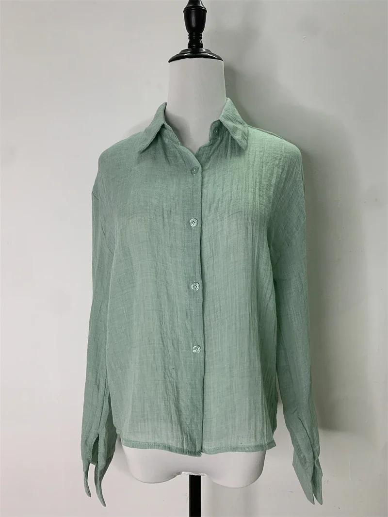 Женская Летняя Блузка С Длинным Рукавом 2024 Прозрачная Хлопково-льняная