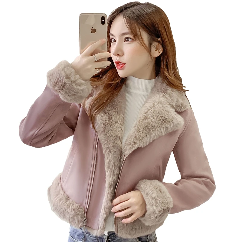 2022 New Autumn Winter Women's Short Coats Fashion Deerskin Velvet Jackets Famale Clothing Solid Lamb Fur Casual Girls Tops Pink