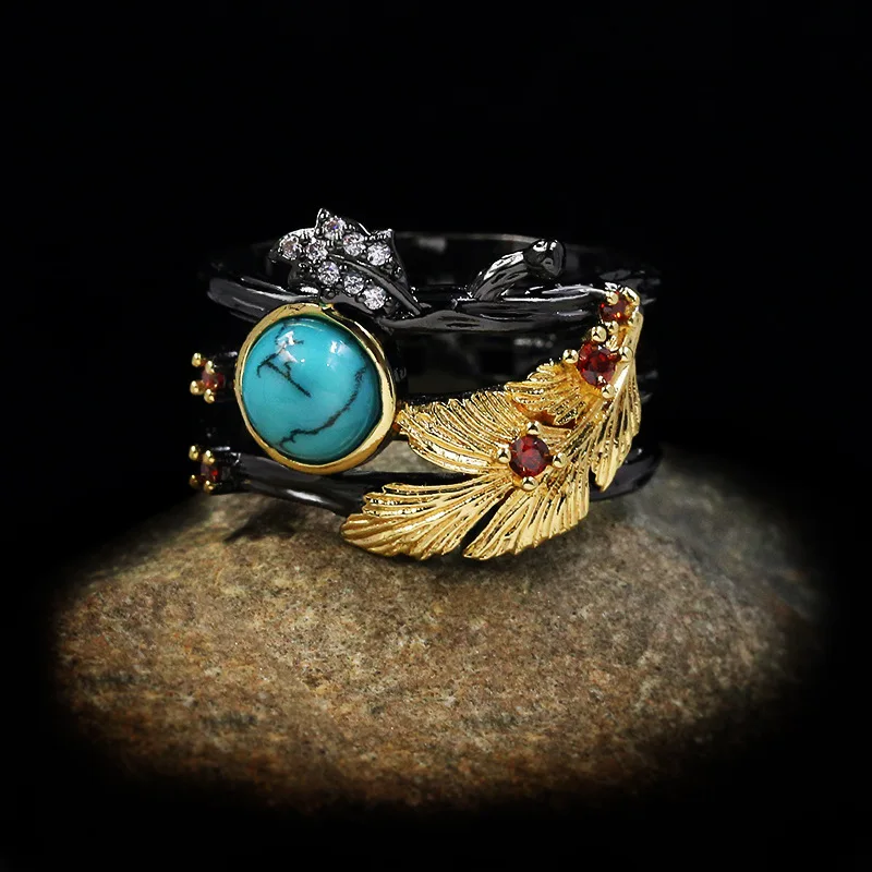 

New two-color electroplating inlaid turquoise feather engagement ring jewelry gift