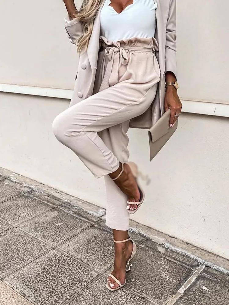 

Elegant Ruffle Lace-Up Pleated Straight Trousers Female Casual Solid Office Pencil Pants Summer Fashion High Waist Pocket Pants