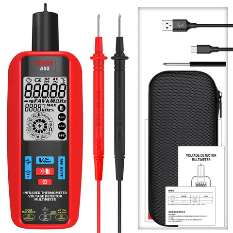 Цифровой мультиметр BSIDE A50, инфракрасный термометр, измеритель напряжения с функцией прерывания и емкости, перезаряжаемый вольтметр с термометром